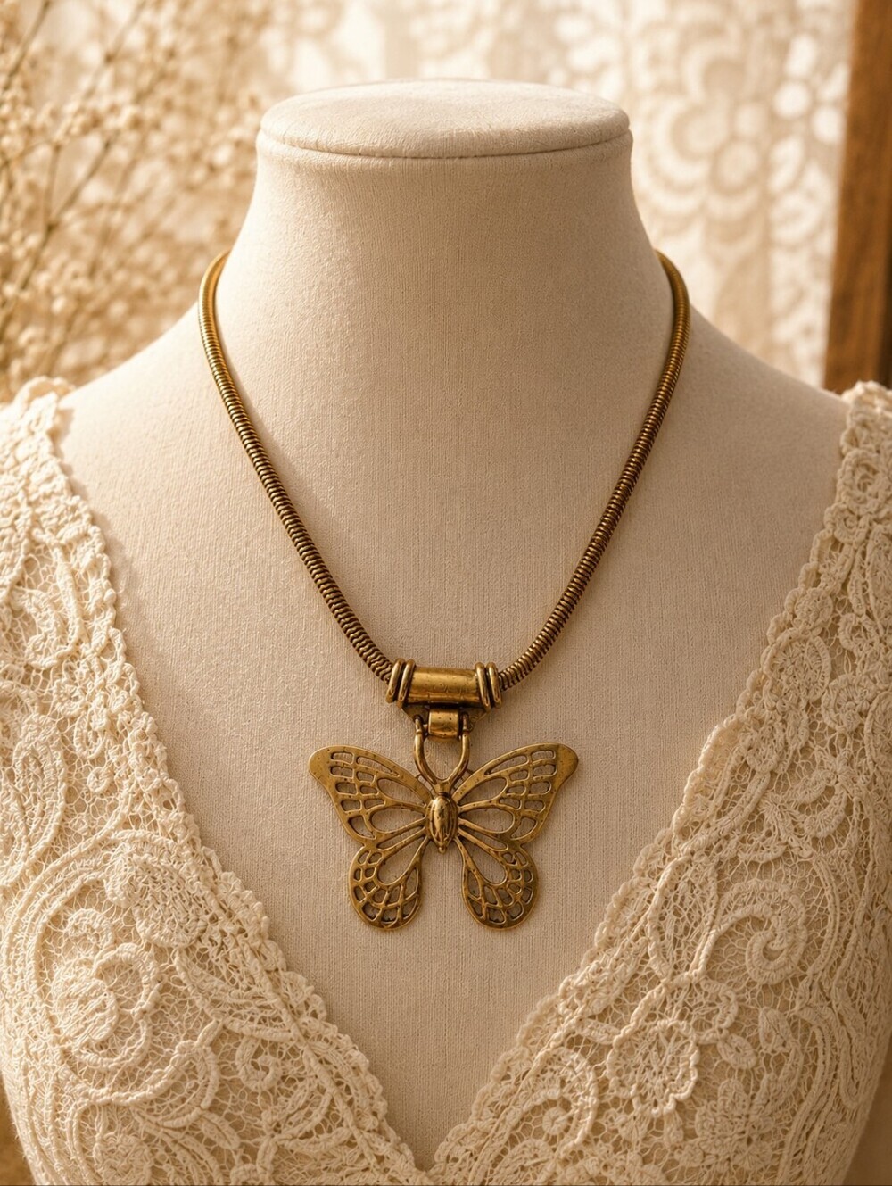Vintage Gold Butterfly Pendant Necklace Statement Boho Filigree Chain Jewelry